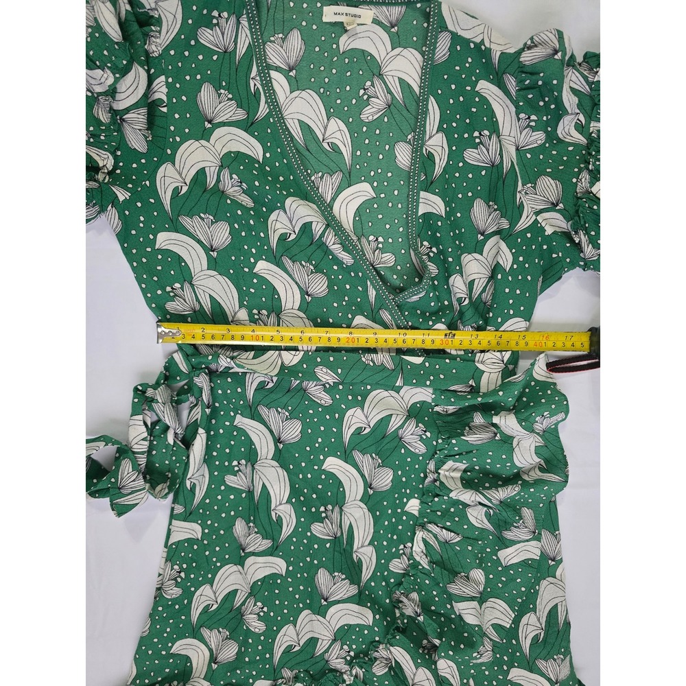 MaxStudio Green Floral Polka Dot Ruffle Wrap Dress Flutter Sleeve 8912C60 Medium - Picture 11 of 16